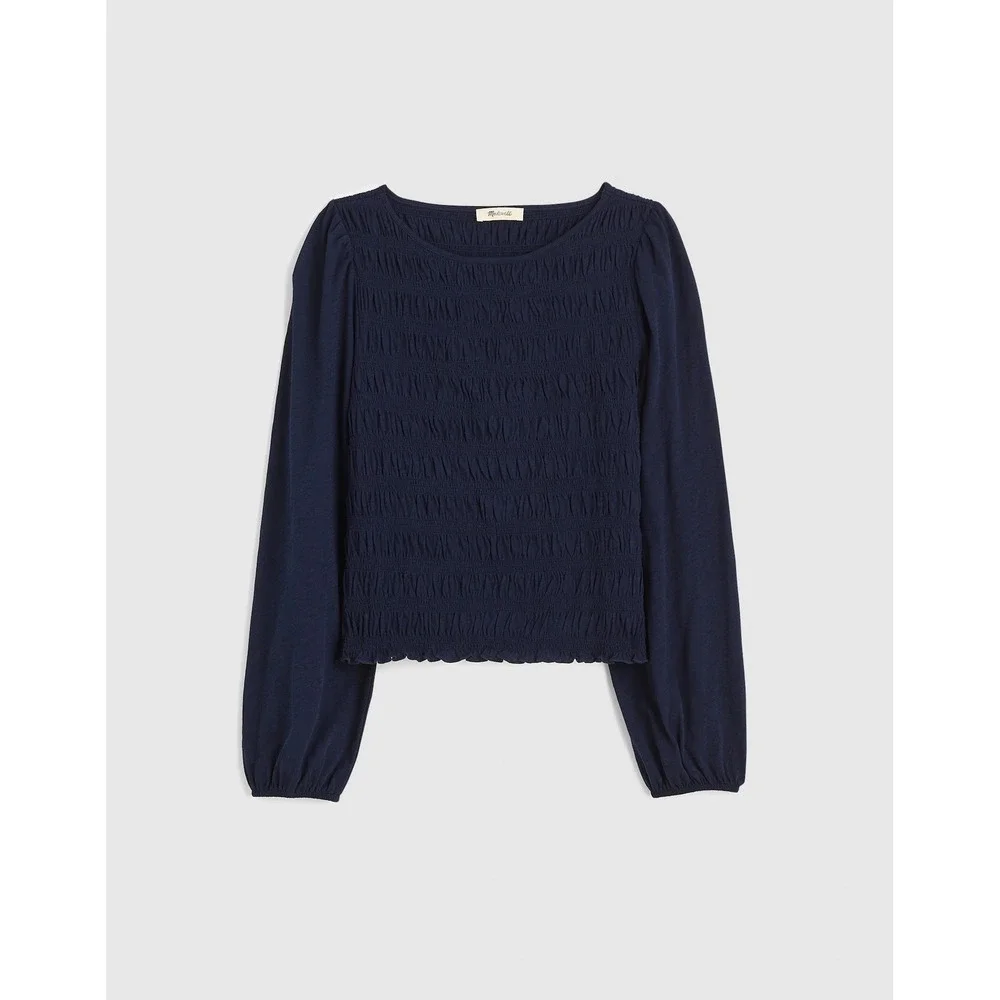 NWT Madewell Smocked‎ Boatneck Top Midnight Navy Long Sleeve Extra Small